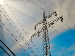 high voltage pylon with many cables isolated