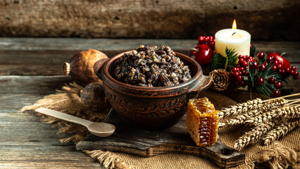 kutia, wheat Traditional christmas ceremonial grain dish on a wooden background. place for text,...