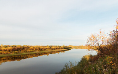 Obraz premium Autumn landscape. The river bed, bushes and trees grow along the banks, old grass with seeds. The blue sky is reflected in the water. The setting sun casts long shadows. Evening.