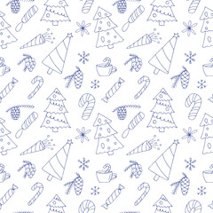 Seamless pattern of Christmas trees, cones and decorations vector illustration, hand drawing