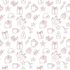 Seamless pattern of gift boxes, twigs, cones and hans vector illustration, hand drawing