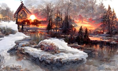 Cozy stone house against snow covered forest and sunset. Beautiful winter landscape. Peaceful and calm snowy scene. Digital painting illustration.
