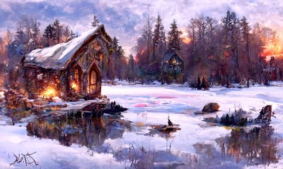 Cozy stone house against snow covered forest and sunset. Beautiful winter landscape. Peaceful and calm snowy scene. Digital painting illustration.