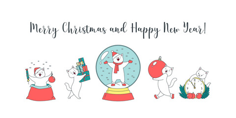 Fototapeta na wymiar Merry Christmas and Happy New Year. Collection of cute kittens celebrating winter holidays isolated on a white background. Vector 10 EPS.