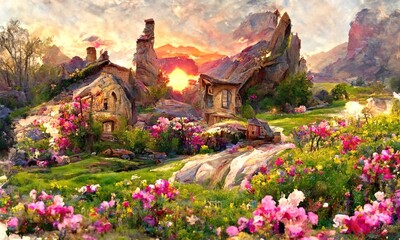 A cozy stone village house on a grass field. Rural beautiful landscape with flowers and trees. Digital painting illustration.