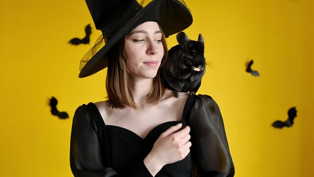 A young woman in a Halloween witch costume holds a chinchilla pet on her shoulder, on a yellow background