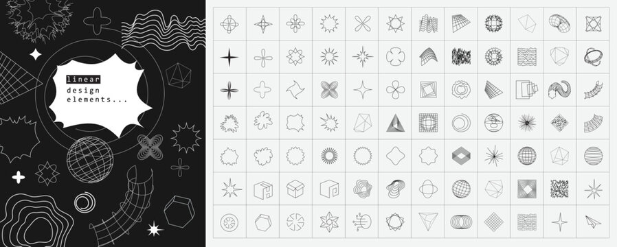 Retrofuturistic geometry design elements collection. Cyber neo futuristic style 80s 90s glitch brutalism shapes, minimalist geometric elements, abstract bauhaus. Minimalist star and flower forms