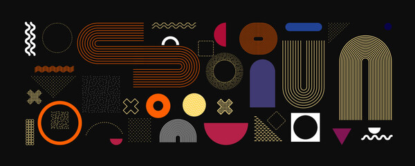 Abstract Bauhaus or Memphis geometric shapes and composition. Retro elements, geometric pattern for banner, poster, leaflet. Design background vector geometric © merfin