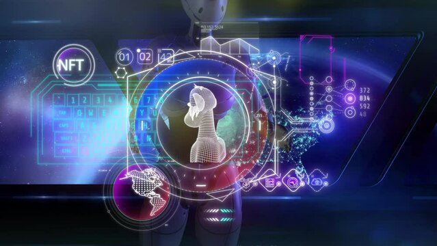 Cyborg and NFT virtual panel, 3D render.