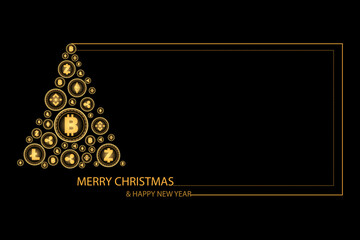 Christmas and New year concept. Golden Christmas tree by shiny cryptocurrency coin on black background.