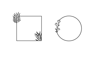 Geometric floral frames, borders, wreaths, hand drawn illustrations. Trendy Line drawing, line art style with branches and nature ornaments.