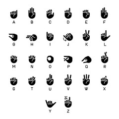 Letters in American sign language black glyph icons set on white space. Gestures for alphabet. Communication process. Silhouette symbols. Solid pictogram pack. Vector isolated illustration © IMG visuals icons