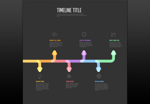 Horizontal Infographic timeline template with arrows and icons on dark background