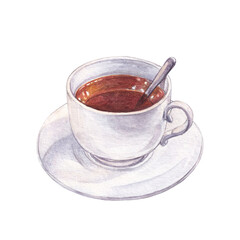 Watercolor cup of tea on a white, porcelain cup and saucer