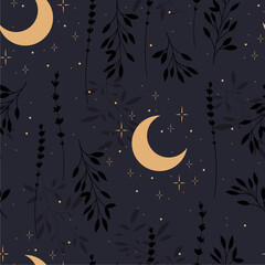 Celestial seamless pattern. Boho magic background with space elements stars, crescent and herbs. Vector doodle texture. © Любовь Овсянникова