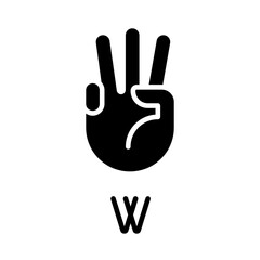 Letter W in American sign language black glyph icon. Nonverbal communication process. Unique gestures system. Silhouette symbol on white space. Solid pictogram. Vector isolated illustration