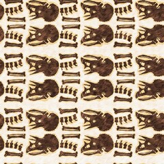 Brown hand drawn triceratops dinosaur seamless pattern. Gender Neutral Jurassic fossil silhouette for baby nursery. Gender neutral home decor for museum, extinction and textile design.  © Leah