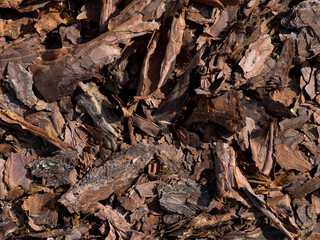Brown mulch made of pine bark. Fertilizer for agriculture.