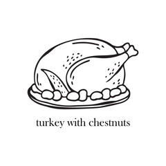 Vector illustration of a French dish - turkey with chestnuts. Dishes for Christmas and New Year.