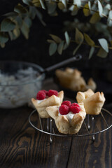 macro selective focus homemade pastry baskets with vegan cream cheese filling and fresh raspberries in kitchen interior 