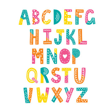 Cute letters childish alphabet vector icons set. Vector illustration