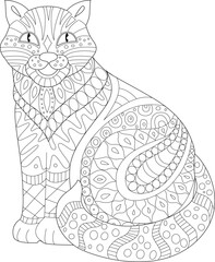Coloring book page. Ornate decorated cat. black and white vector - 542967558