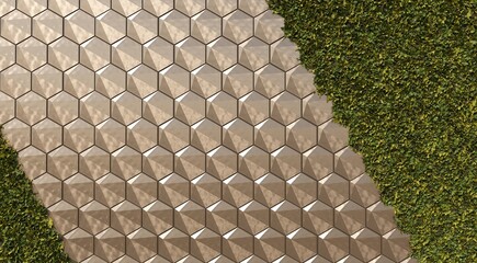 3d render of decorative wall with plants and metal.