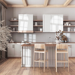 Farmhouse vintage bleached wooden kitchen in white and beige tones with island and stools. Parquet floor, shelves and cabinets. Colonial interior design