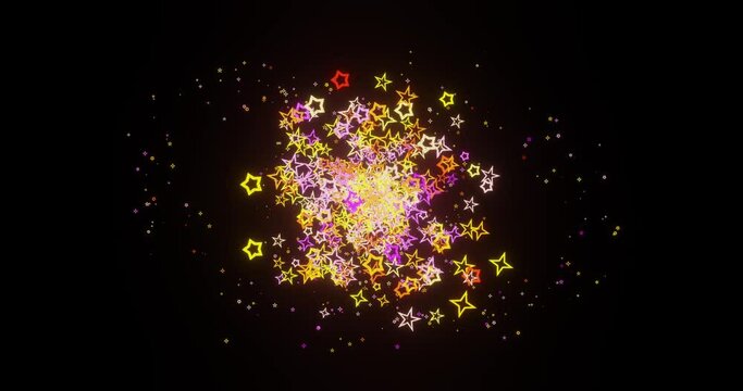 3d render of a firework of colorful stars. High quality 4k footage 3d animation of particles moving towards each other emitting stars, collide with each other and form a colorful explosion