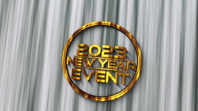 3D animation of 2023 New Year Event golden chrome text cinematic title. Ending cover for end scence trailer winter snow, Christmas and New year event background