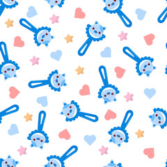 Seamless pattern with baby cat rattle. Children's pattern on textiles. Gentle children's  white   background