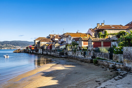 Fishing village of Combarro with the typical granary horreos. Galicia, Spain.