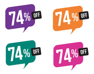74 percent discount. purple, orange, green and pink balloons for promotions and offers. Vector Illustration on white background.