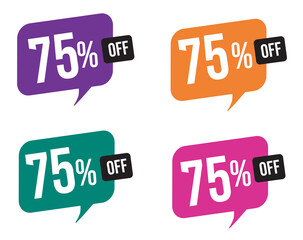 75 percent discount. purple, orange, green and pink balloons for promotions and offers. Vector Illustration on white background.