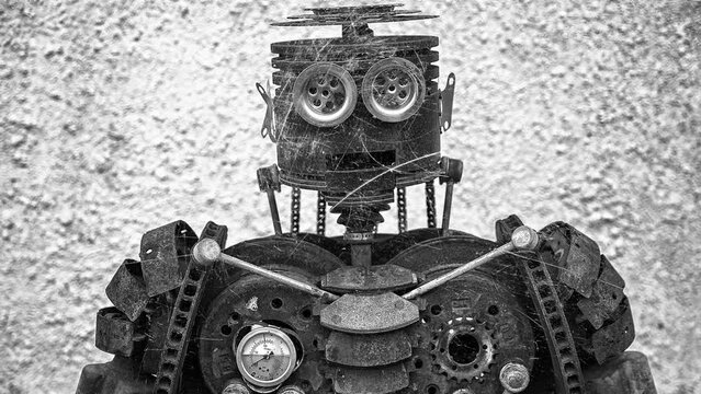 scrap metal robot with flashing white scratches
