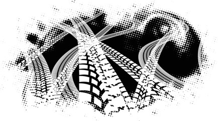 Vector Print Textured Tire Track banner. Design Element . Car tread silhouette . Tyre print .Mud splash grunge texture. Wheel tire track. Traces of tyres.
