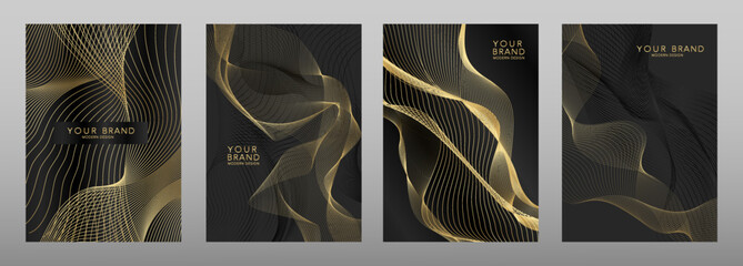Luxury  cover design set. Gold abstract stripe pattern (guilloche curves) in premium black and gold colors. Elegant wavy line vector layout for brochure template, business card, certificate, catalog
