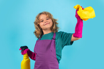 Portrait of child cleaning, concept growth, development, family relationships. Housekeeping and...