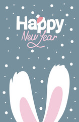 Fototapeta na wymiar Colorful greeting card template for New Year, rabbit ears, snowflakes, Christmas hat and lettering
