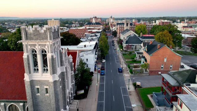 aerial push over hagerstown maryland at sunrise