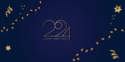 Fototapeta na wymiar Happy New Year 2024 Elegant gold text with balloons and confetti. Realistic vector illustration