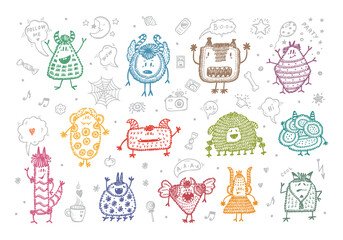 Hand Drawn Doodle Fictional Fabulous Creatures Characters for Kids. Cute Cartoon Colorful Monsters or Aliens Vector Set.
