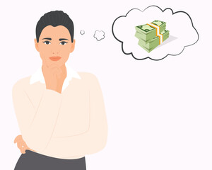 beautiful woman thinking about money about her income financial planning Solve financial problems.