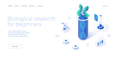 Biological research concept in isometric vector illustration. Scientist looking through microscope at plant dna spiral. Web banner layout template