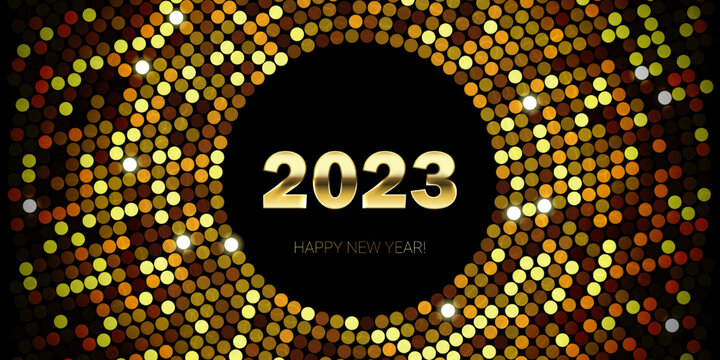 2023 New Year gold glittering background. Vector New Year Eve sparkle background with golden 2023 number