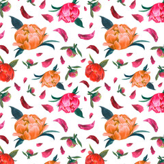 seamless watercolor pattern with petals - rose and red petals composition on white background, stylish and transparent, perfect for wallpapers, postcards, wrappers, wedding events.