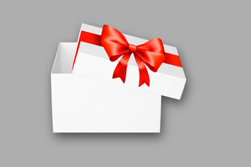 White gift box. Realistic gift box with red satin bow isolated on background. A cube-shaped gift box tied with red wrapping tape stands on a front surface. 3d rendering.