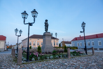 The main square of Raahe old town and statue of Pietari Brahe (built in 1888) at summer time in Finland