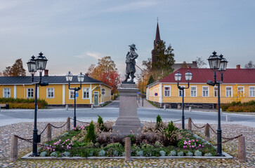 The main square of Raahe old town and statue of Pietari Brahe (built in 1888) at summer time in Finland