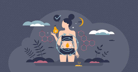 Metabolic body energy with food ATP chemical reaction tiny person concept. Food digestion system with nutrients burning and synthesis cycle vector illustration. Healthy dieting biological process. - obrazy, fototapety, plakaty
